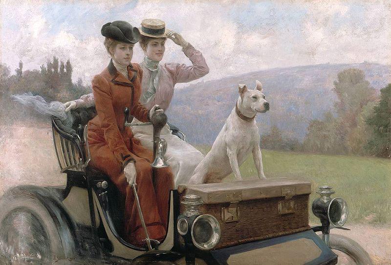 Julius LeBlanc Stewart Les Dames Goldsmith au bois de Boulogne en 1897 sur une voiturette France oil painting art